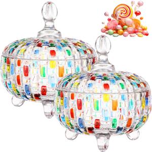 2 Pack Decorative Glass Storage Bowls, Hand-Painted Crystal Jars with Lids, Colorful Trinket Containers, Elegant Appetizer Servers for Treats