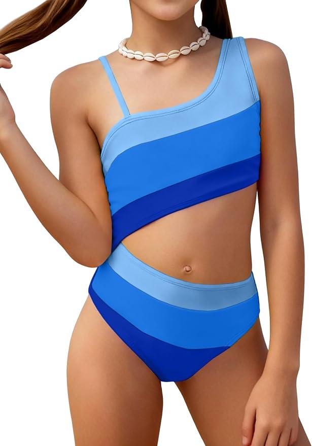 Girls One Piece Swimsuit Color Block One Shoulder Bathing Suit Cut Out Swimwear 11-12Y 
