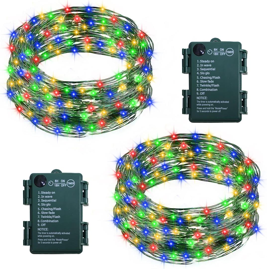 2 Pack Fairy Lights Battery Operated, 33Ft 100 LED String Lights with Auto Timer 8 Modes Green Copper Wire Twinkle Light for Bedroom Garden Wreath Wedding Christmas (Multicolor)