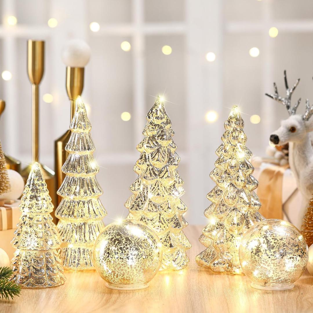 Syhood 6 Pcs Silver Mercury Glass Christmas Tree for Tabletop Light up Figurine Christmas Tree Mercury Cracked Glass Globe with Light for Xmas Decor Home Party Centerpiece Mantel Gift