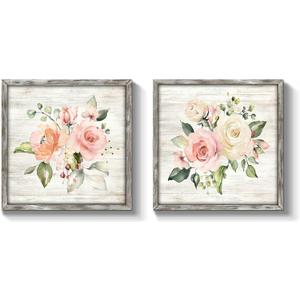 TAR TAR STUDIO Flowers Picture Wall Art Print: Framed Floral Painting Blossom Artwork on Wooden Boards for Bedroom (12" x 12" x 2 PCS, Multiple Sizes/Material)