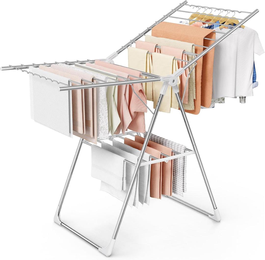 Sakugi Clothes Drying Rack, 55.5" Adjustable Wings, Foldable Design | Laundry Room, Bedroom, Outdoor & Indoor Use, Height Adjustable, Collapsible, Silver White, 55.5" L 22.8" W, Large