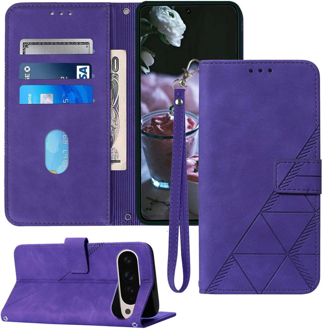 for Pixel 9 Pro XL Case Wallet, Card Holder Slots Wrist Strap, Stand Leather Phone Protective Flip Cases Cover (Purple)
