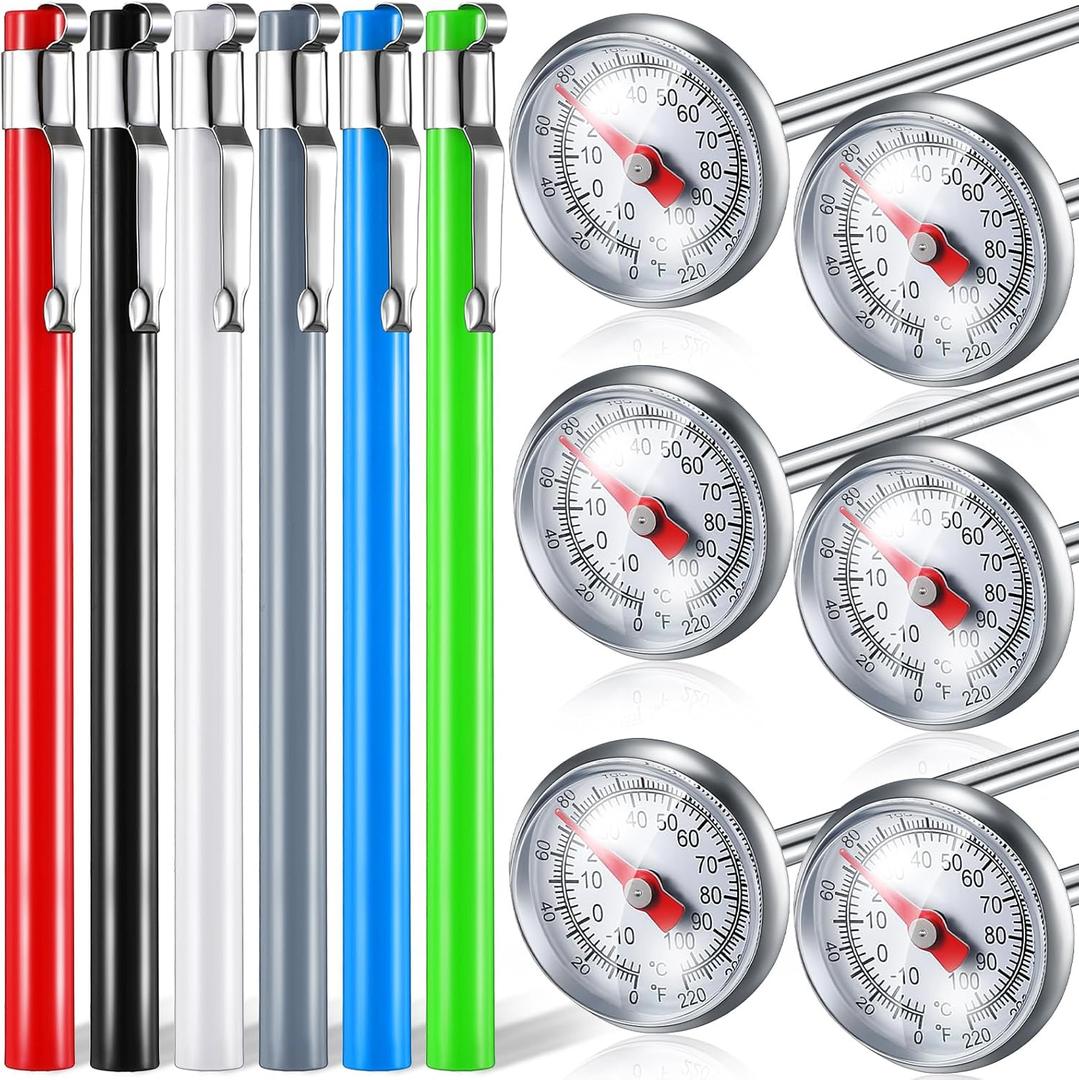 Xuhal 6 Pcs Stainless Steel Kitchen Thermometer with 5 Inch Long Stem 1 Inch Dial Thermometer Milk Frothing Food for Oven Probe Meat Grill BBQ Cooking Chocolate Water, Multicolor