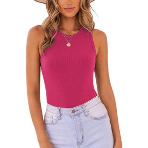 MISSJOY Women's Basic Sleeveless Racer Back Halter Neck Ribbed Bodysuit Tank Tops (Medium)