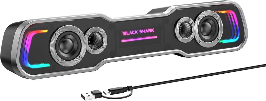 Black Shark Bluetooth Computer Speakers for Desktop, Dynamic MultiLayer RGB Lighting Gaming PC Speaker with Deep Bass, USB C/USB Powered Soundbar for Computer Desktop PC Monitor Laptop (BSSP1)