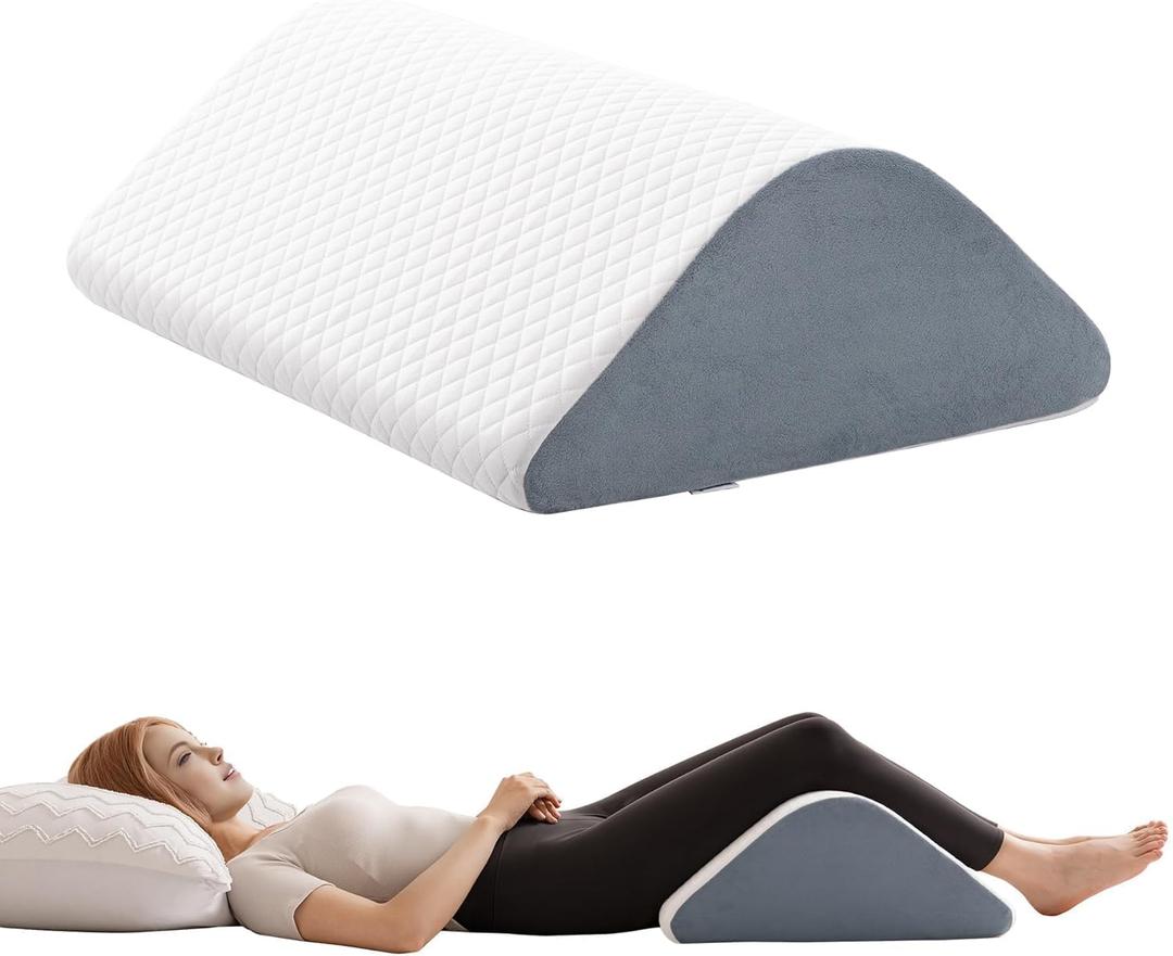 Knee Wedge Pillow 8'' for Post-Surgery Recovery - Leg Elevation Support for Sleep Position, Alleviating Lower Back & Hip Pain Enhancing Circulation in Ankles Legs Triangle Pillow with Removable Cover (23.6"L x 17.8"W x 8"H, White & Gray)