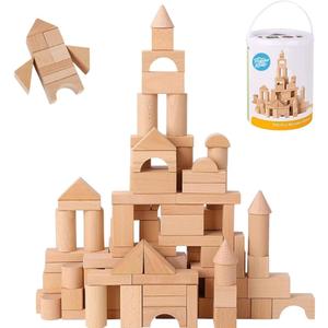 Pidoko Kids Wooden Blocks - 100 Pcs - Building Blocks for Toddlers - Includes Storage Container with Shape Sorter Lid - Natural Beech Wood Blocks - Preschool Learning Toys Stacking Block