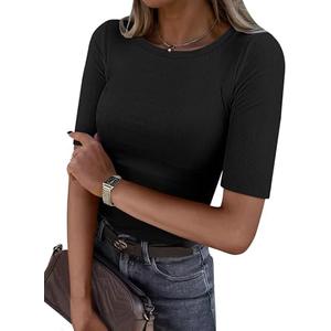 ANRABESS Womens Half Sleeve Crewneck Tops Ribbed Knit Slim Fit Shirts Basic Tee 2025 Spring Summer Dressy Casual T-Shirts, M