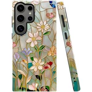 TnXee Case for Samsung Galaxy S25 Ultra,Stained Glass Bloom Flower Phone Case Drop Resistant Glossy 2 in 1 Solid Dual-Layer Cover for Girl Women