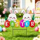 27.1inch Easter Larger Bunny Sign Yard Decoration Metal Easter Bunny Garden Stakes Waterproof,Resistant&Non Fading Yard Signs with Eggs & Flowers for Spring Yard Porch Lawn Backyard Decorations