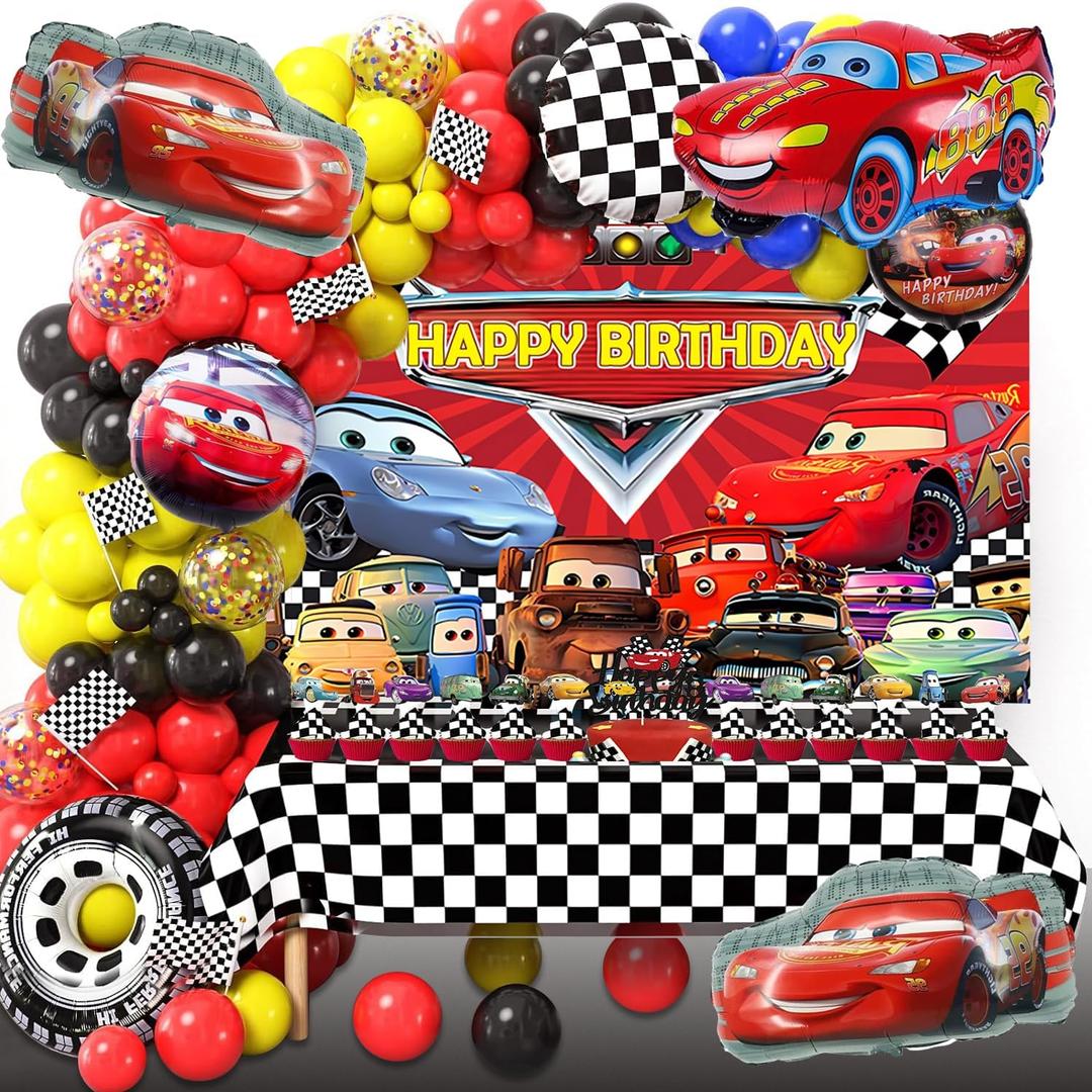 Cars Theme Birthday Party Decorations Set Including Race Car Backdrop, Balloon Garland, Tablecloth, Cake topper