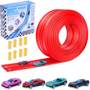 Flexible Race Car Ramp Track,15 Ft Flexible Race Track Set for Kids,with 4 Mini Racecars and 8 Fixed Track Suction Cup Accessories,Rolls Up Portable Racetrack for Boys & Girls Over 36 Months Red