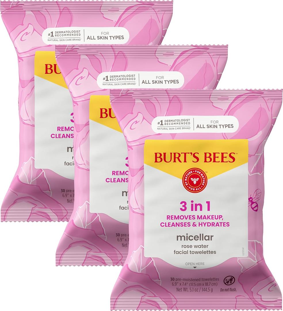 Burt’s Bees Micellar Rose Water Facial Towelettes, 30 ct., 3 Pack