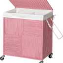 WOWLIVE Double Laundry Hamper with Lid, Handwoven Rolling Laundry Basket with Wheels, 115L Dirty Clothes Hamper with Removable Liner Bag Large Capacity Laundry Sorter Laundry Room Organization,Pink