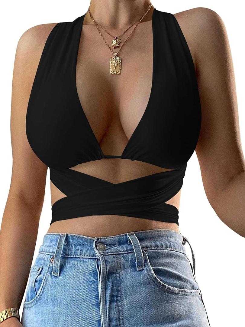 Kaximil Women's Sexy Sleeveless Halter Criss Cross Cami Lace Up Self Tie Tank Crop Tops, L, Black
