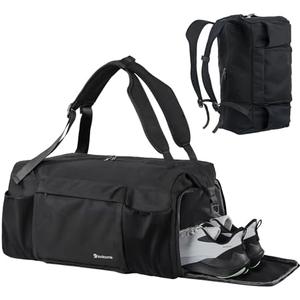 Kookoomia Small Gym Bag for Men with Shoes Compartment and Wet Pocket Convertible Duffle Bag and Gym Backpack Waterproof Sports Bag with 2 Bottle Holders Weekender Overnight Bag - Black
