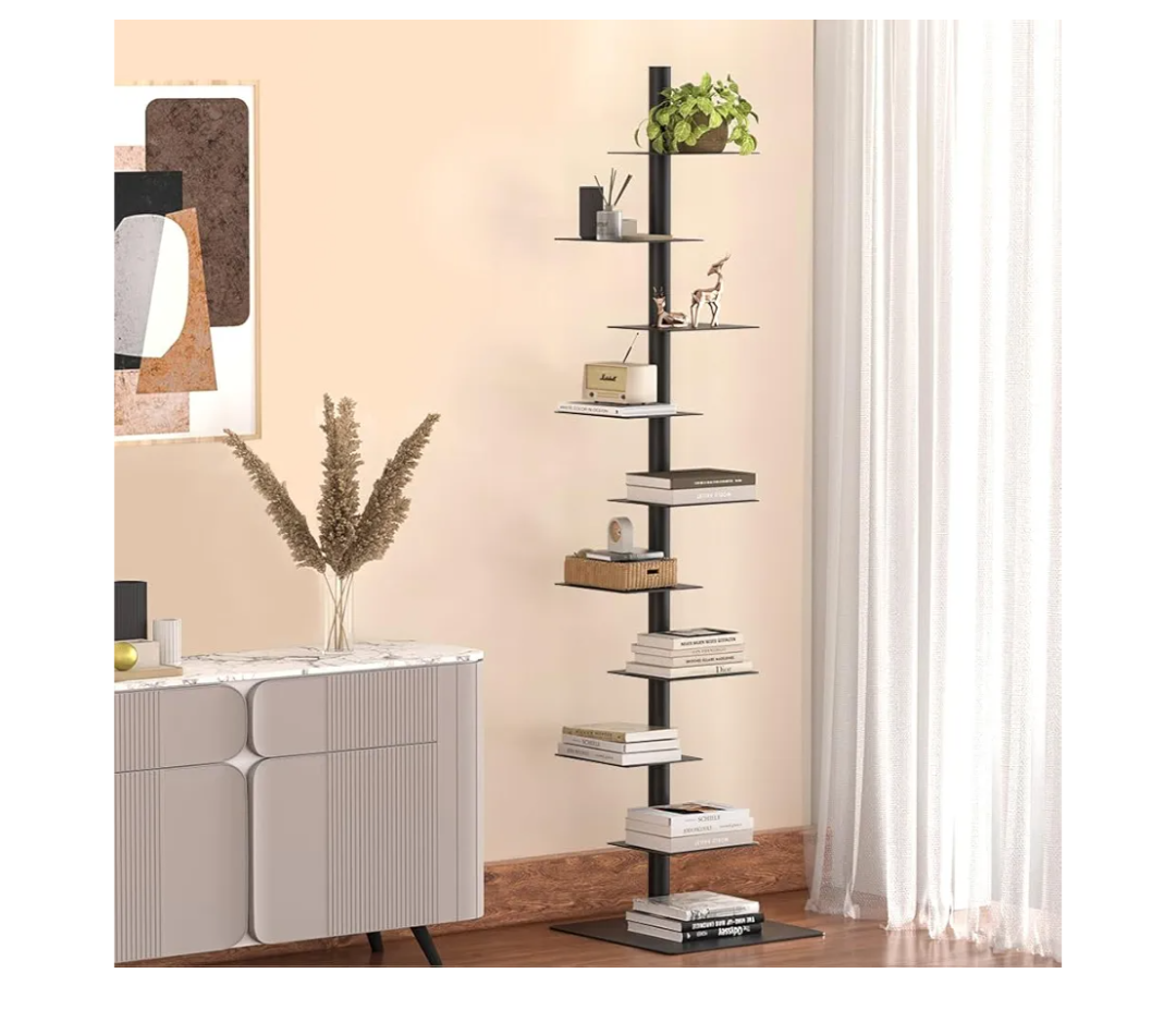 Nidouillet 9-Tier Metal Spine Bookshelf, Adjustable Vertical Tower for Books, Tall & Narrow Ladder Bookcase, Space-Saving Multipurpose Corner Storage Shelf, Display Stand, Tool-Free Assembly, Black