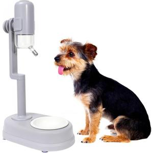 Pet Standing Water Dispenser Cat Dog Standing Ceramic Bowl Automatically Feeding Water Height Adjustable Detachable Pole (Grey, Large)