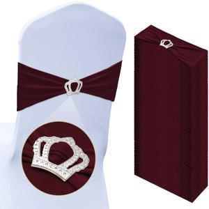 VitalCozy 50 Pcs Stretch Chair Sashes with Crown Chair Sashes with Buckle Slider Wedding Elastic Cover for Party Bridal Baby Shower Ceremony Reception Banquet(Burgundy)