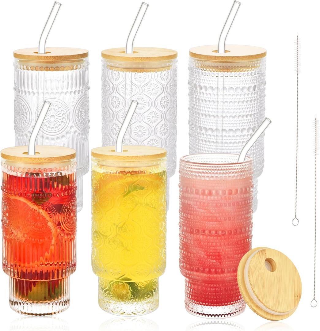 6Pcs Glass Coffee Cups with Lids and Straws, 16 oz Vintage Glasses Drinking Set, Glassware Drinkware Glasses Set, Iced Coffee Cup Tumbler Ideal for Boba Tea Beer Cocktail Juice, Mixed