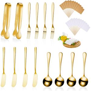 Patelai Charcuterie Boards Accessories Charcuterie Utensils Set Cheese Butter Spreader Knives Stainless Steel Mini Serving Tongs Spoons Forks and Toothpick Flags for Appetizers Pastry(Golden)