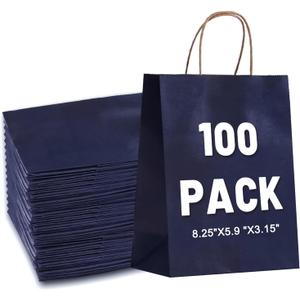 LIHOMR Gift Bags 8.25" x5.9 x3.15 100Pcs Paper Bags with Handles,kraft paper Bags for Small Business Christmas Bags, Wedding, Party Favor, Shopping, Lunch, Halloween Trick-or-Treat(Navy blue)