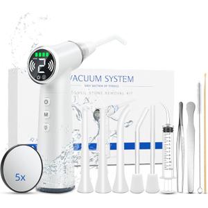 Upgraded Tonsil Stone Remover Tool with Silicone & Glass Probes, 11 in 1 Rechargeable Electronic Tonsil Stone Vacuum with Built-in LED Light, Fight Bad Breath Instant Suction