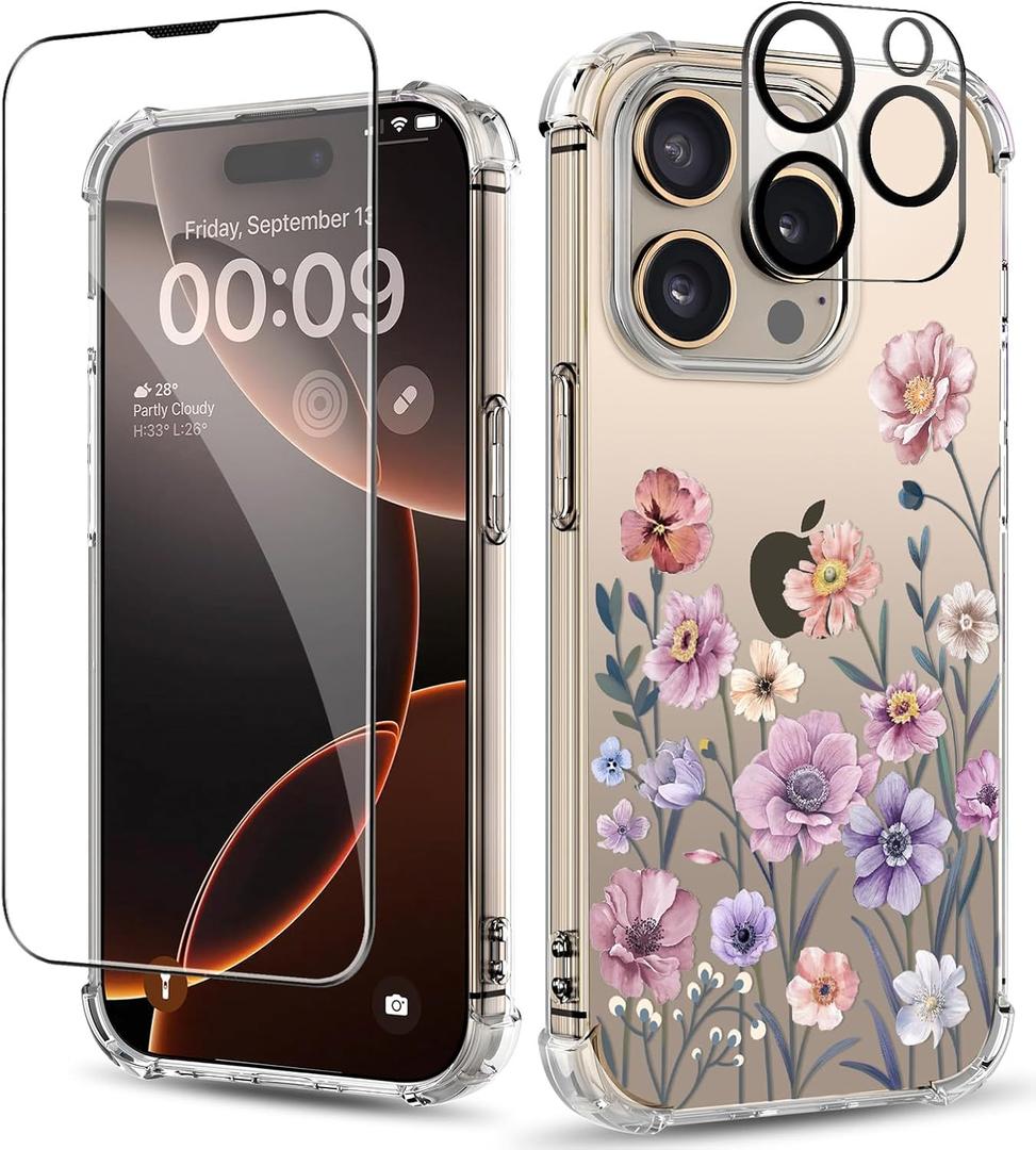 for iPhone 16 Pro Case,[3 in 1] with Screen Protector & Camera Lens Protector, Flower Pattern Design,Clear Soft Shockproof Slim Floral Phone Cover for Women Girls 2024 6.3" (Floratopia/Colorful)