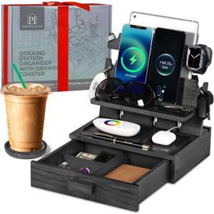 Black Wood Phone Docking Station for up to 3 Phones - Nightstand Organizer with Drawer for Valuables for Men & Women, Compatible With Apple Watch, Holds Phones, Tablets, Keys, Rings, Glasses, EDC