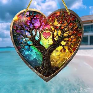Heart-Shaped Colorful Acrylic Suncatcher Hanging, 7.08 * 7.08 Inch Rainbow Tree of Life Sun Catcher for Window, Wall Decor, Gift for Mom Women Friend (Ax-01)