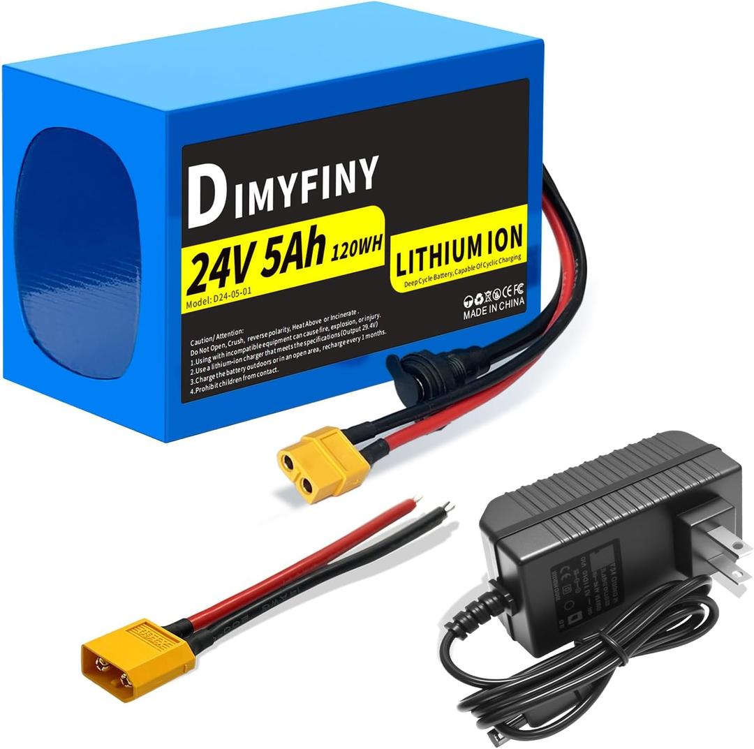 24V 5AH/7AH/12AH Lithium Battery Pack, Built-in 25A BMS, with Fast Charger, XT60 Cable Connector, Compact and Lightweight, for Ride on Toy and DIY Projects (24V5Ah)