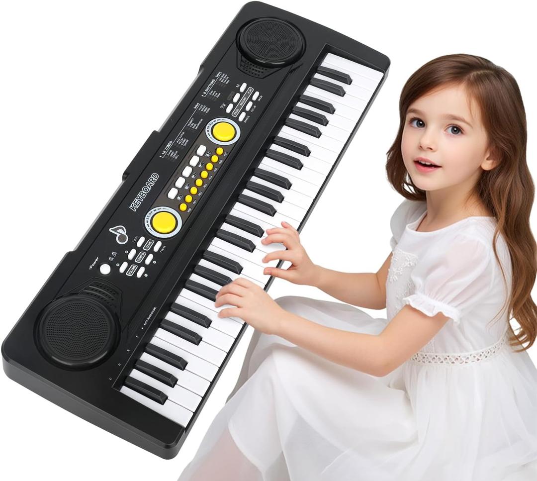Kids Piano Keyboard with Microphone, 49 Keys Portable Electronic Piano Keyboard for Kids Beginners Ages 3 4 5 6 7, Toy Music Keyboard Birthday Xmas Gift for Girls Boys, Black, Standard
