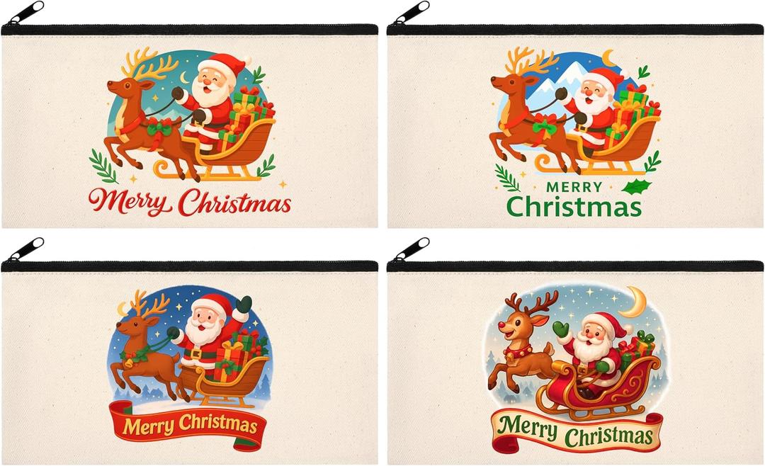 3 x Phicorn Christmas Zipper Pouches, 4-Pack 8"4.2" Canvas Bags with Santa & Reindeer DTF Prints for Holiday Gifts, Makeup & Everyday Carry