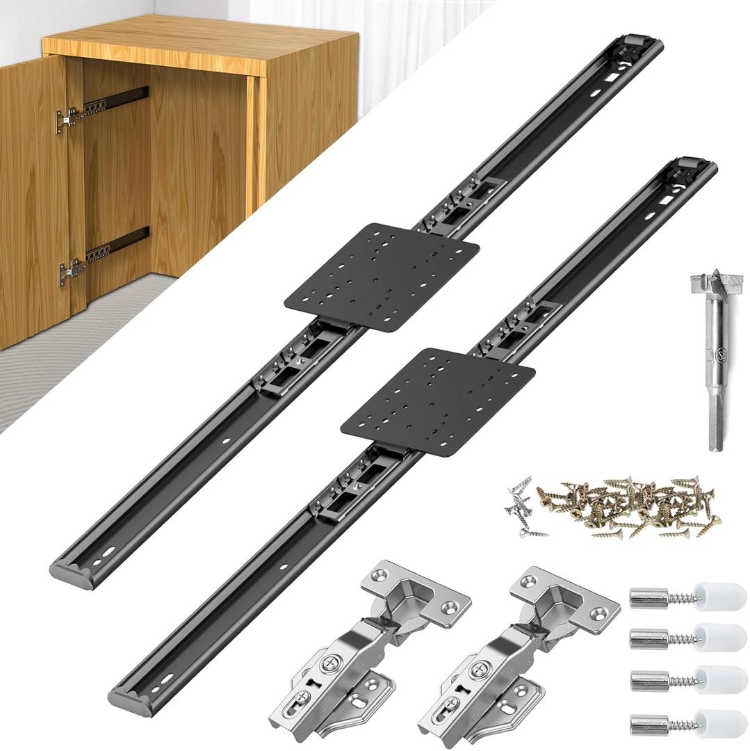 Pisman Pocket Door Slides 20 inch 2 PCS and Pocket Door Hardware for Inset and Cabinet Door, Disappearing and Hidden The Slides and The Hinges.