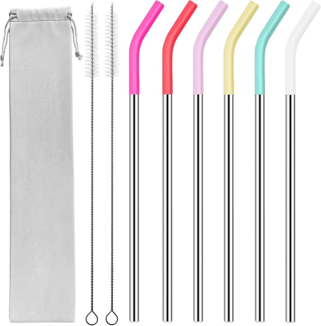 40 oz Stainless Metal Straws for 40 oz Stanley Tumbler, 6Pcs Reusable Straight Long Steel Straws with 12 Silicone Tips and 2 Straw Cleaning Brushes(6Color3, 40oz)