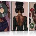 Set of 3 Black Woman Canvas Wall Art Fashion African American Women Wall Decor Abstract Girl Poster Prints Record Music Aesthetic Pictures for Bedroom Living Room Ready to Hang(16inx24in canvas)