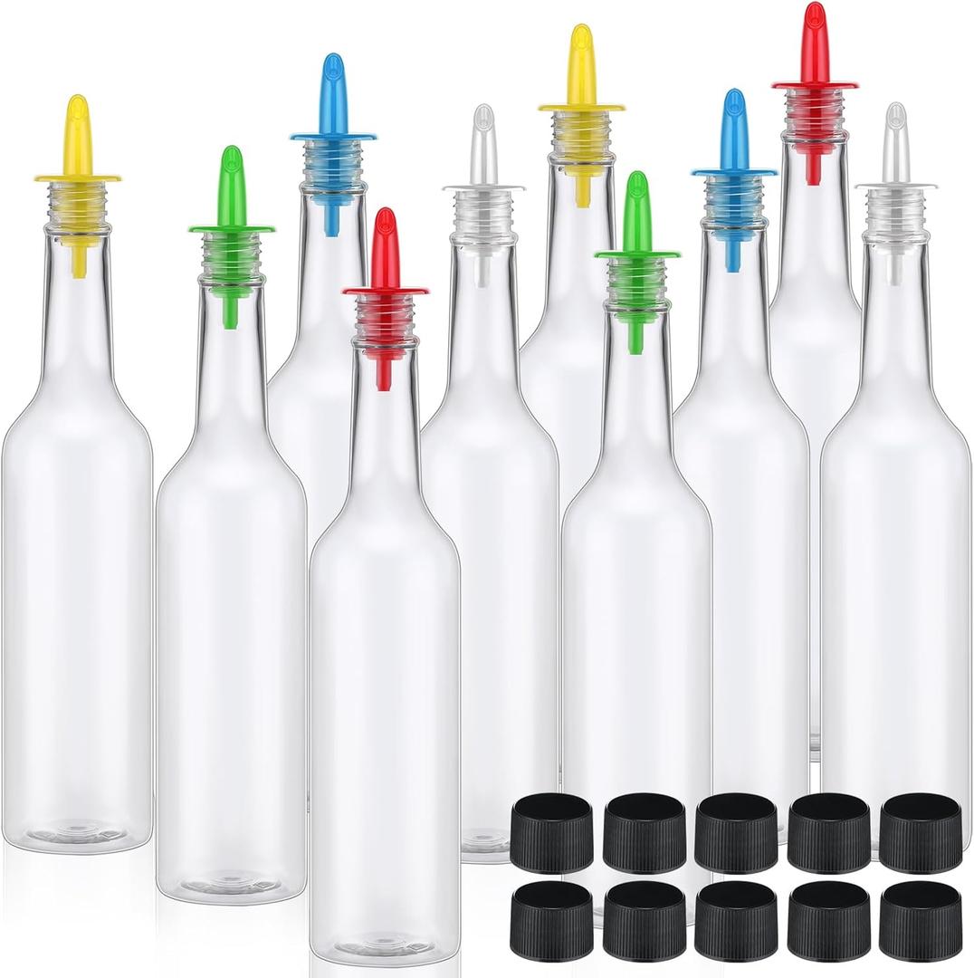 Tioncy 10 Sets 15oz Plastic Liquor Bottles with Pourers Sets 10 Plastic Long Neck Syrup Bottles with Pourer and Caps Reusable Leakproof for Home Party Bar (Multicolor) (red, yellow, blue, green, transparent)