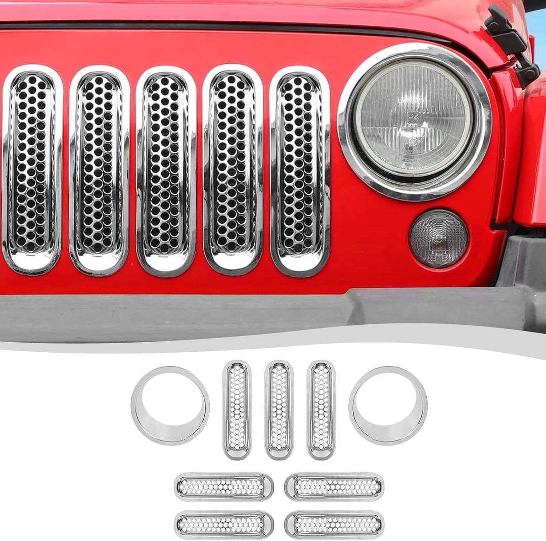 Mesh Grille Grill Insert+Headlight Turn Light Cover Trim Fit for 2007-2018 Jeep Wrangler JK JKU(Chrome)