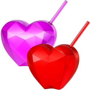 2 Pcs Heart Shape Cup with Lid & Straw Reusable Disco Plastic Cup Gift 20 oz Pink Red Heart Drinking Cocktail Tumbler for Birthday Wedding Bachelorette Bridal Shower Party Favors Supplies