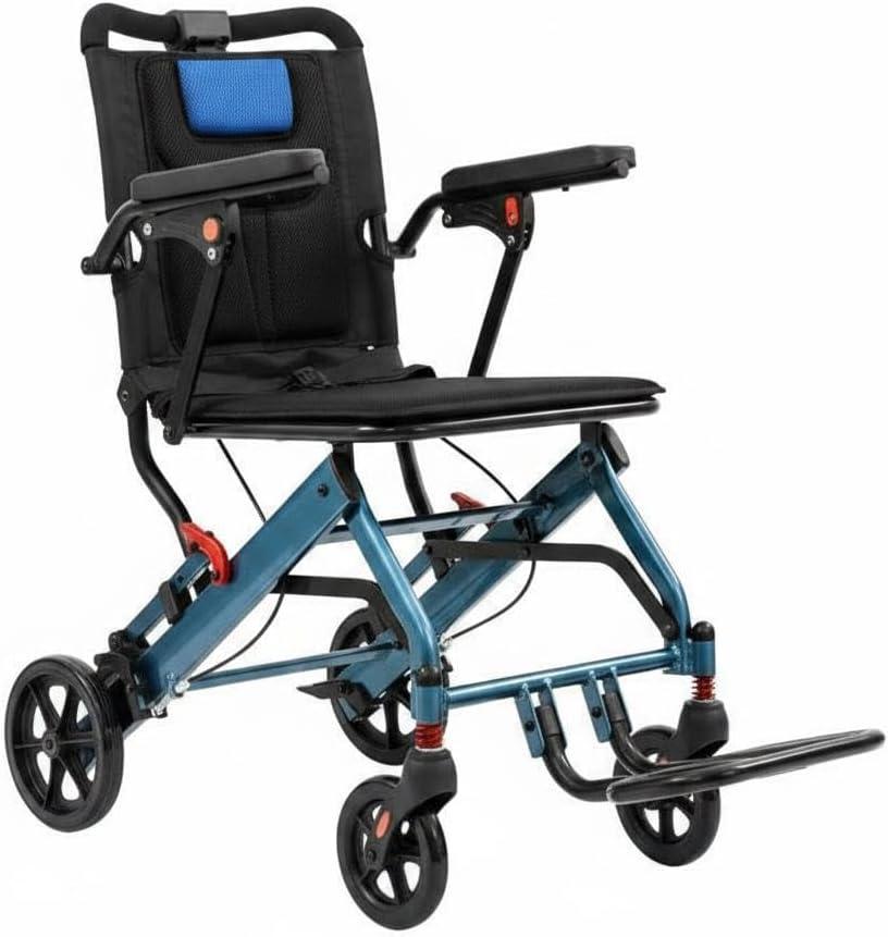 Black-Blue Lightweight Wheelchair for Seniors, Aviation Aluminum & PVC Wide Frame, 16" Seat Width, 8" PVC Rear Wheels, Thick Shock-Absorbing Cushion, Foldable