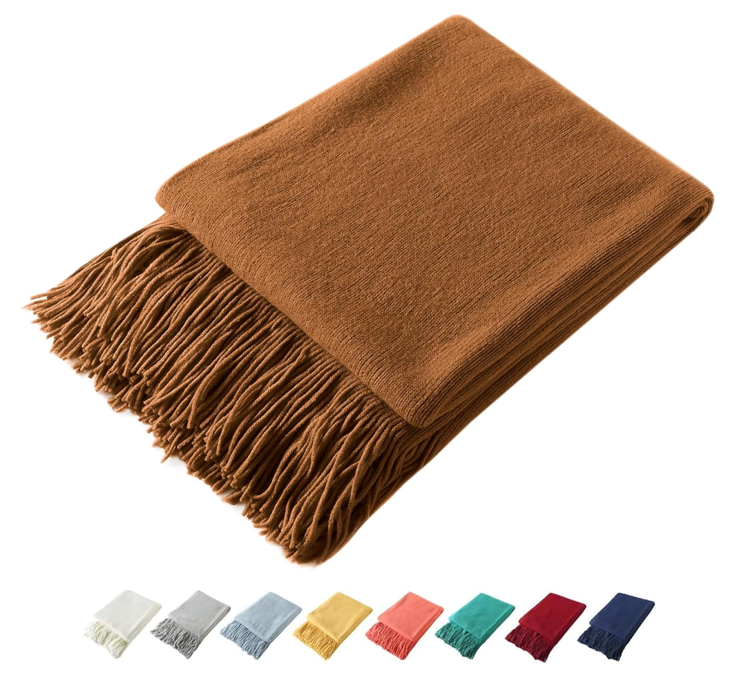 Homiest Decorative Knitted Throw Blanket with Fringe, Lightweight Acrylic Knit Blanket, Soft & Cozy Tassel Throw for Couch Sofa Bed (Camel Brown, 50 x 60 Inch)