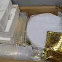 Goodluck 700 Pieces Gold Dinnerware Set for 100 Guests, Disposable for Party, Include: 100 Gold Rim Dinner Plates, 100 Dessert Plates, 100 Paper Napkins, 100 Cups, 100 Plastic Silverware Set