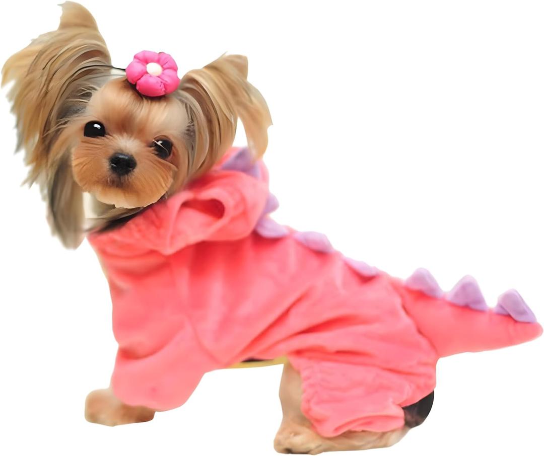 DELIFUR Dinosaur Dog Halloween Costume Pet Dino Hoodie for Small Dogs Cats (L, Pink)