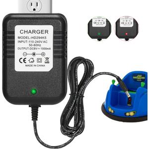 6 Volt Charger for Flybar/Kidzone Bumper CarReplacement Chargers for Kids Ride On Car Toys6V Battery Charger for Ride on with Charging Indicator Light,Input: AC110-240V,Output: 6V 1A