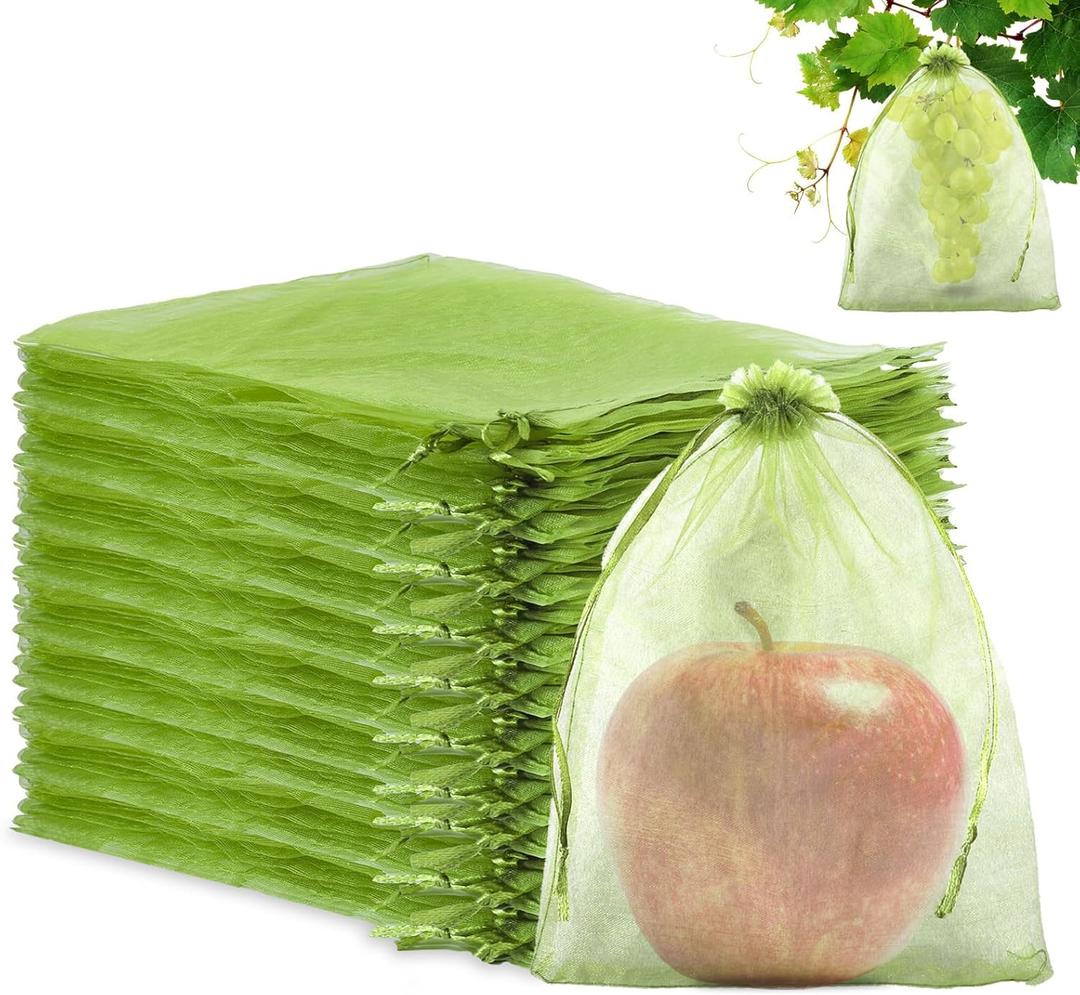 100pcs Fruit Protection Bags 8x12 inch, Green Mesh Bags Drawstring Fruit Protectors Pest Barrier for Grapes Trees & Party Favor, Candy, Jewelry Drawstring, Christmas Gift Bags, Wedding Mesh Goodie Bags