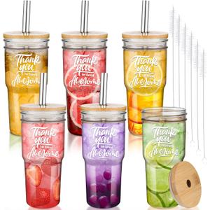 Nitial 6 Pack Inspirational Employee Appreciation Gifts Set 24oz Glass Motivational Thank You Glass Cups with Lids Straws Brushes for Teacher Nurse Staff Coworker Reusable Tumblers Party Favors