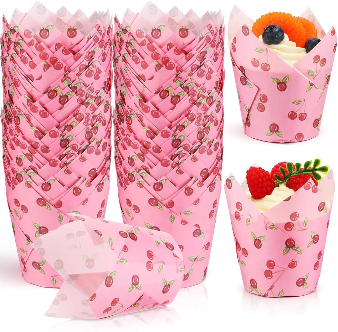 200 Pcs Tulip Cupcake Liners Muffin Liners Holders for Baking Cups Parchment Paper Standard Size Tulip Muffin Cupcake Wrappers for Party, Wedding, Birthday (Cherry,Pink)
