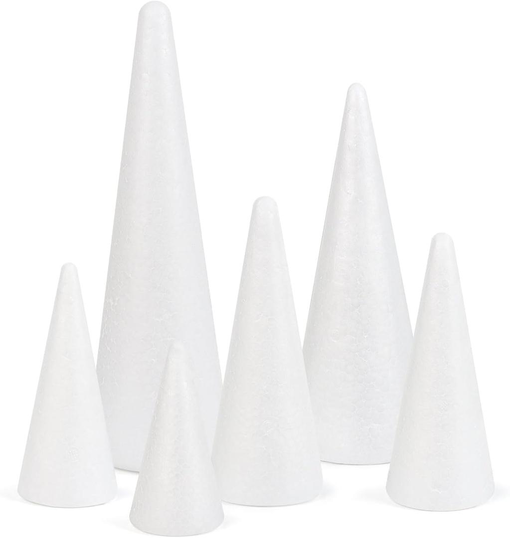 CCINEE 6 Packs Foam Cones for Crafts, Assorted Polystyrene Floral Foam Cones for Christmas Tree Gnomes Art and Craft School Activity Wedding Home Table Centerpieces Decorations (30cm)