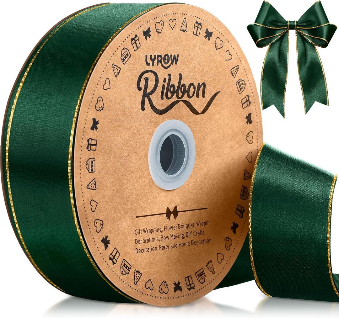 Lyrow 100 Yards Forest Green Satin Ribbon with Gold Edges 1.5 Inch Gold Border Fabric Ribbons Funeral Ribbon for Gift Wrapping DIY Crafts Wedding Shower Corsage Bible Decoration Bows Bouquet